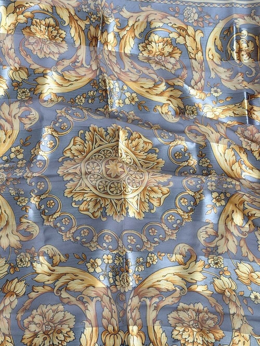 Vintage Baroque Ornate Floral Scroll Print Large Square Scarf Blue Gold 38”